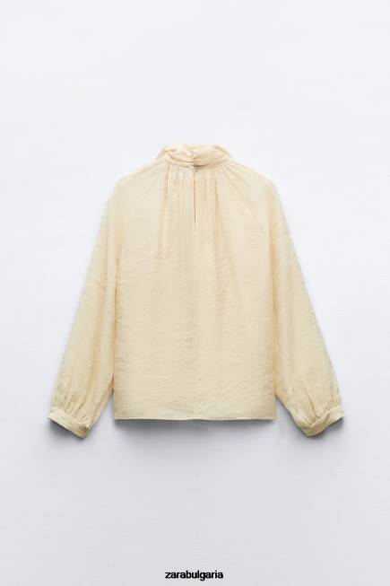 Zara облекло 66FT455 Жени блуза с яка с вратовръзка бежово