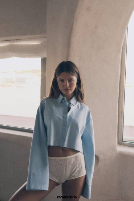 Zara облекло 66FT456 Жени изрязана риза с кръстосана облегалка светло синьо