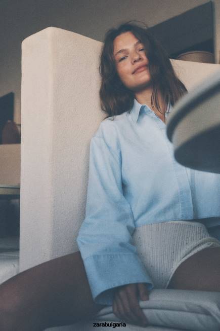 Zara облекло 66FT456 Жени изрязана риза с кръстосана облегалка светло синьо