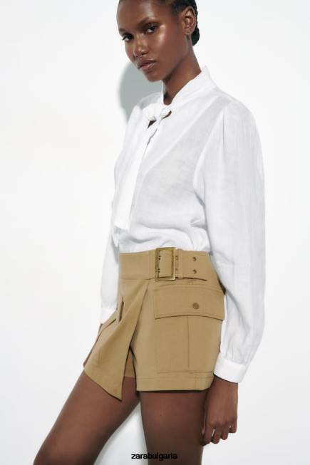 Zara облекло 66FT457 Жени Риза с панделки от 100% лен бяло