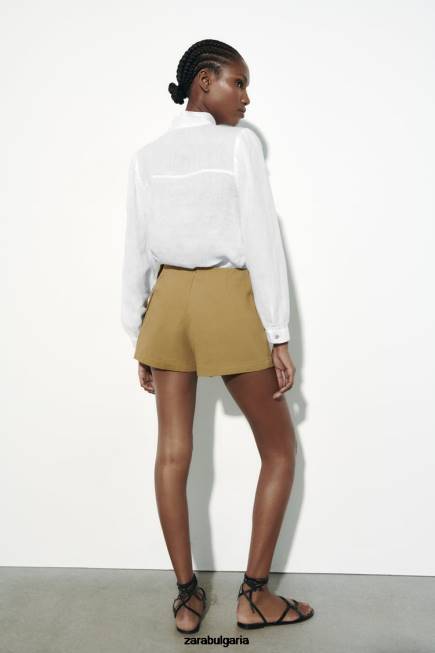 Zara облекло 66FT457 Жени Риза с панделки от 100% лен бяло