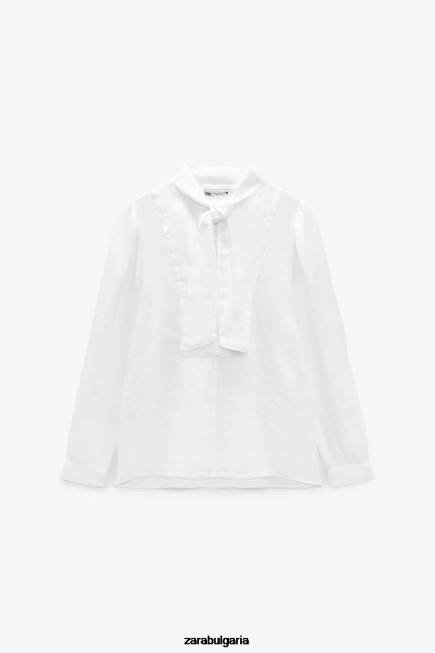 Zara облекло 66FT457 Жени Риза с панделки от 100% лен бяло