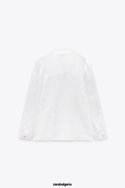 Zara облекло 66FT457 Жени Риза с панделки от 100% лен бяло
