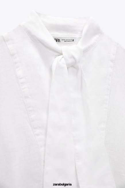 Zara облекло 66FT457 Жени Риза с панделки от 100% лен бяло