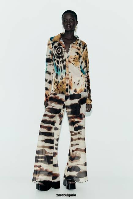 Zara облекло 66FT458 Жени риза от тюл с принт на вратовръзка портокали