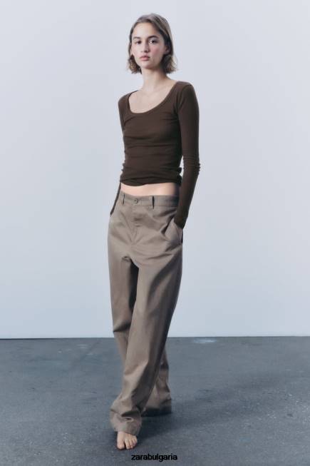 Zara облекло 66FT831 Жени оребрена риза премиум кафяво