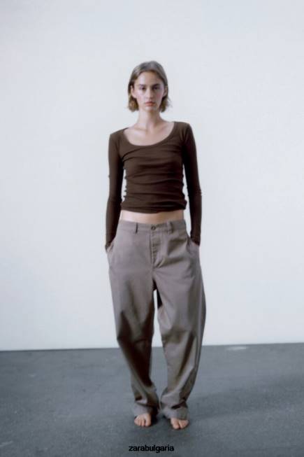 Zara облекло 66FT831 Жени оребрена риза премиум кафяво