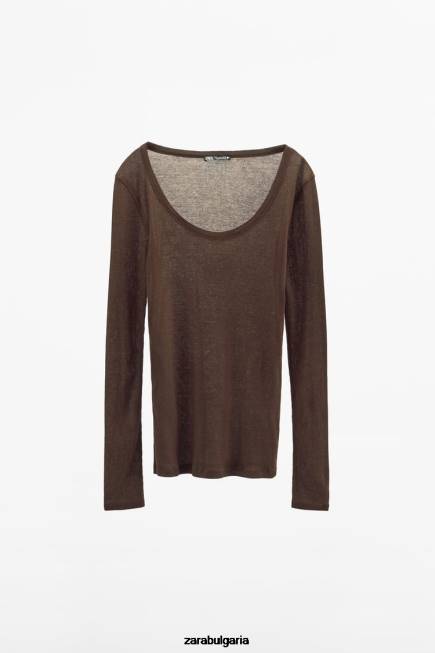 Zara облекло 66FT831 Жени оребрена риза премиум кафяво