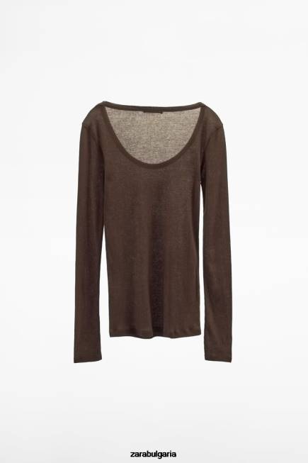 Zara облекло 66FT831 Жени оребрена риза премиум кафяво