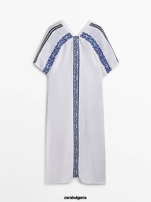 Zara облекло 66FT842 Жени макси бродирана ленена риза бяло