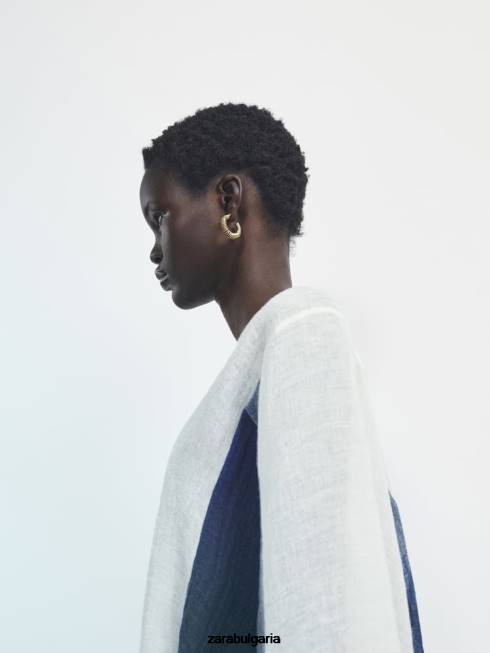 Zara облекло 66FT847 Жени контрастна риза от смесен лен с вафлено плетиво бяло