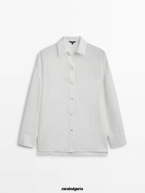 Zara облекло 66FT853 Жени 100% овърсайз риза от рами бяло