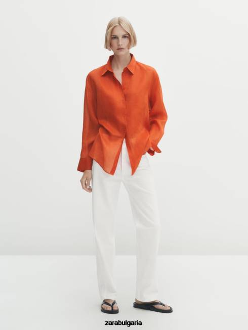 Zara облекло 66FT862 Жени 100% риза от рами с детайл на гърдите оранжево