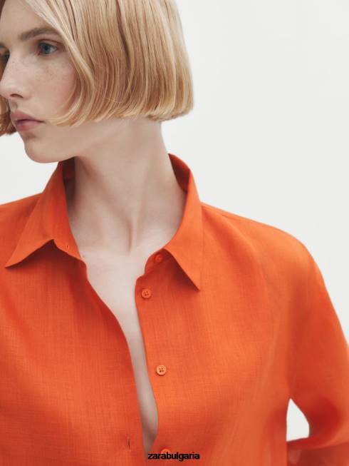Zara облекло 66FT862 Жени 100% риза от рами с детайл на гърдите оранжево