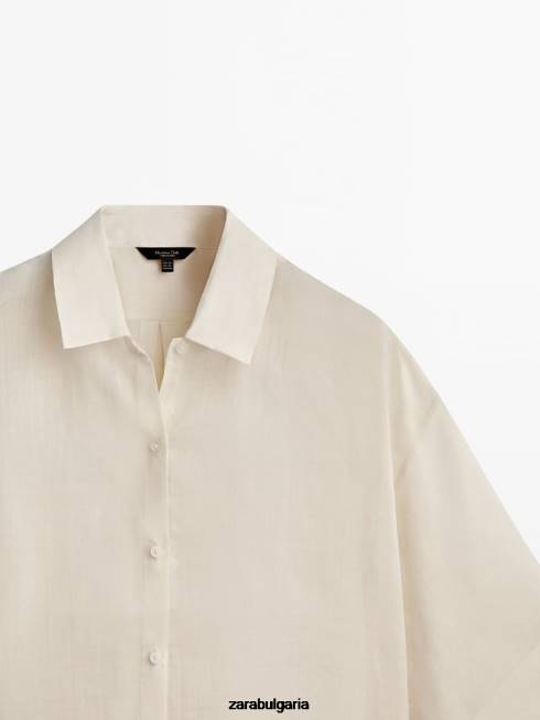 Zara облекло 66FT863 Жени Риза с къс ръкав от 100% рами екрю