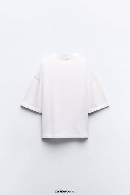 Zara облекло 66FT459 Жени тениска с фалшиво деколте с дължина три четвърти бяло