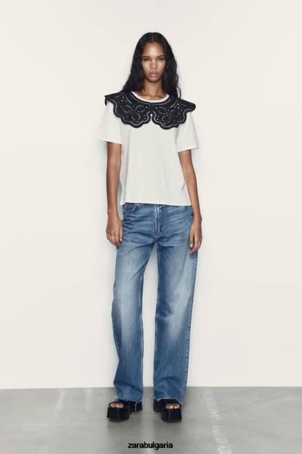 Zara облекло 66FT463 Жени горнище с бродирана яка бяло