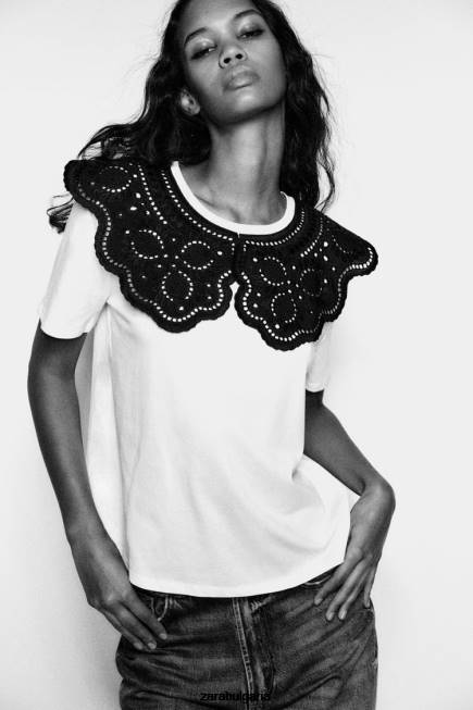 Zara облекло 66FT463 Жени горнище с бродирана яка бяло