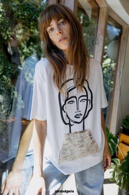 Zara облекло 66FT464 Жени бижу тениска бяло