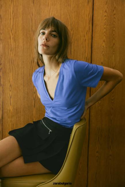 Zara облекло 66FT466 Жени основна памучна тениска с v-образно деколте синкав