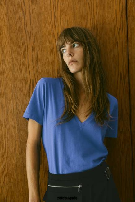 Zara облекло 66FT466 Жени основна памучна тениска с v-образно деколте синкав