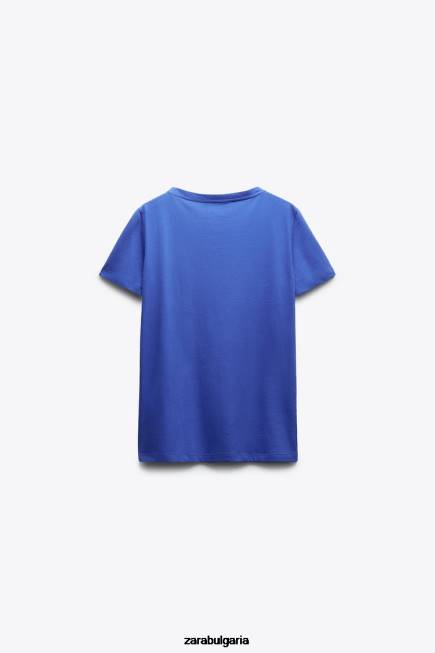 Zara облекло 66FT466 Жени основна памучна тениска с v-образно деколте синкав