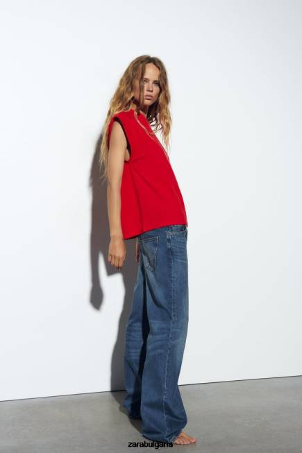 Zara облекло 66FT469 Жени памучна тениска с ребра червен