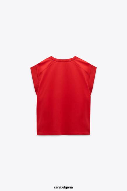 Zara облекло 66FT469 Жени памучна тениска с ребра червен