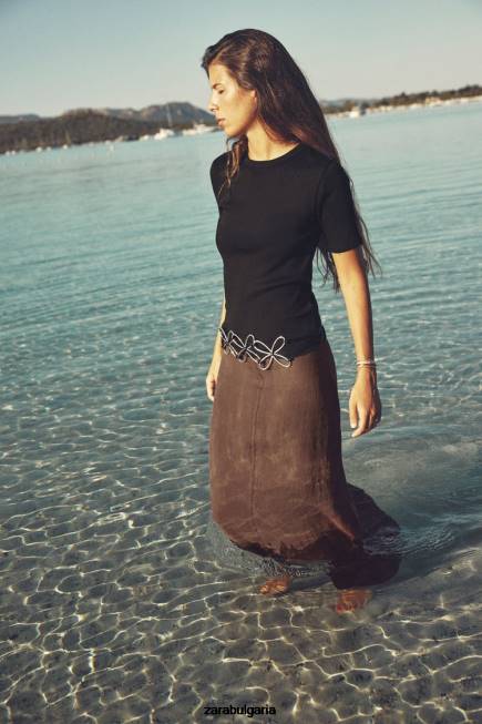 Zara облекло 66FT472 Жени тениска със светло ребро черен