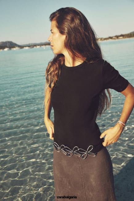 Zara облекло 66FT472 Жени тениска със светло ребро черен