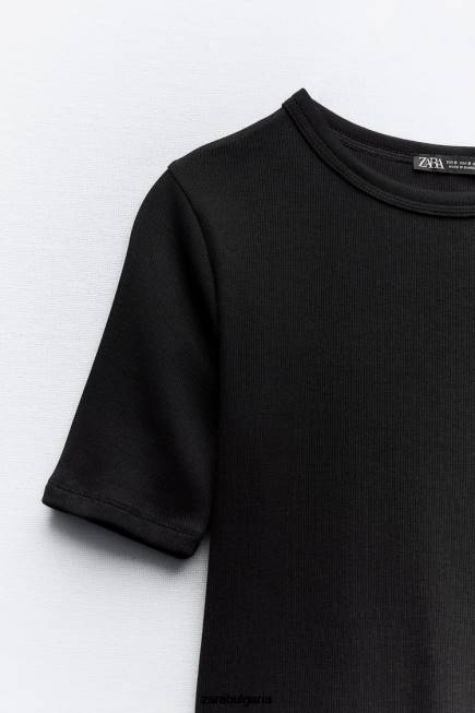 Zara облекло 66FT472 Жени тениска със светло ребро черен