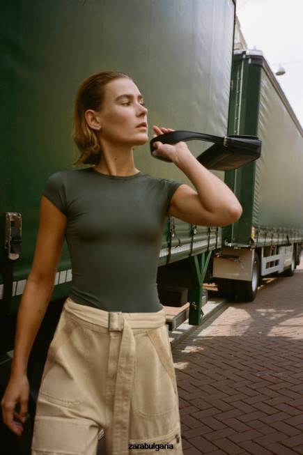 Zara облекло 66FT475 Жени полиамидна тениска каки