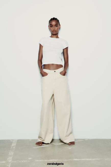 Zara облекло 66FT875 Жени рипсена памучна тениска бяло