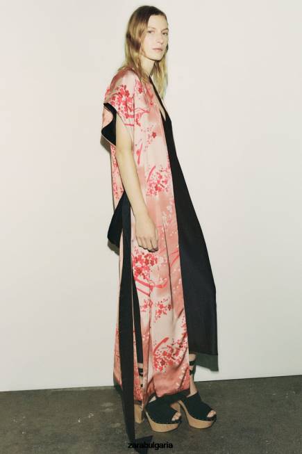 Zara облекло 66FT105 Жени кимоно с дълги щампи розово