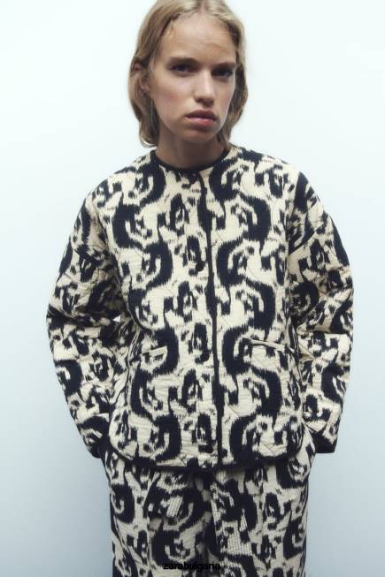 Zara облекло 66FT107 Жени пухено яке с животински принт екрю/черно