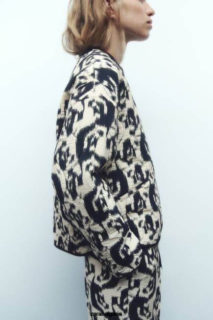 Zara облекло 66FT107 Жени пухено яке с животински принт екрю/черно