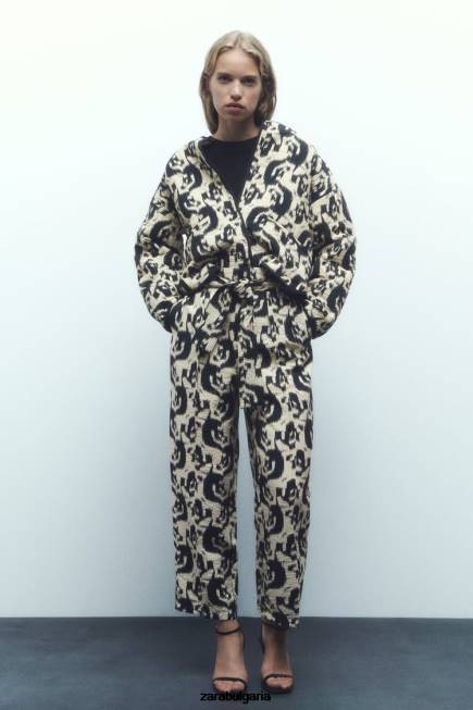 Zara облекло 66FT107 Жени пухено яке с животински принт екрю/черно