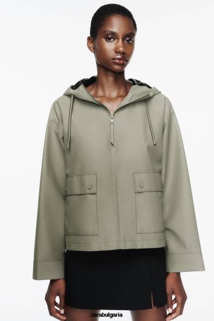 Zara облекло 66FT109 Жени гумиран дъждобран с качулка каки