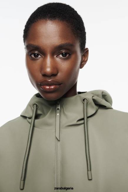 Zara облекло 66FT109 Жени гумиран дъждобран с качулка каки