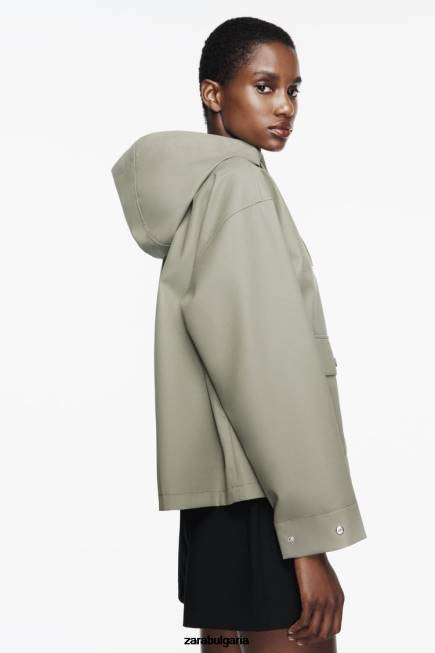 Zara облекло 66FT109 Жени гумиран дъждобран с качулка каки