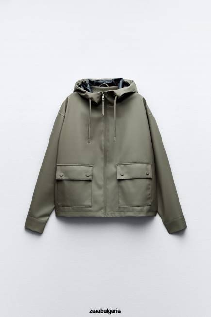 Zara облекло 66FT109 Жени гумиран дъждобран с качулка каки