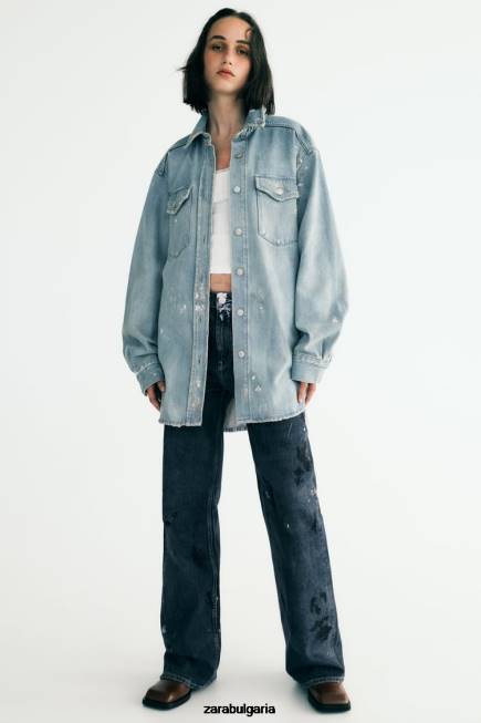 Zara облекло 66FT110 Жени Голяма дънкова риза trf с пръски боя син