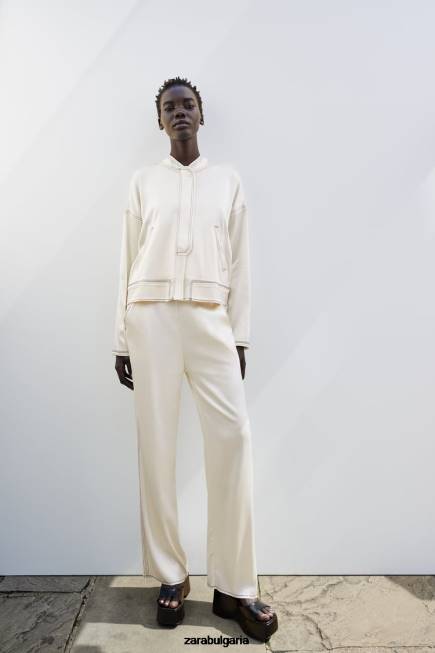 Zara облекло 66FT112 Жени бомбър със сатенен ефект средно екрю