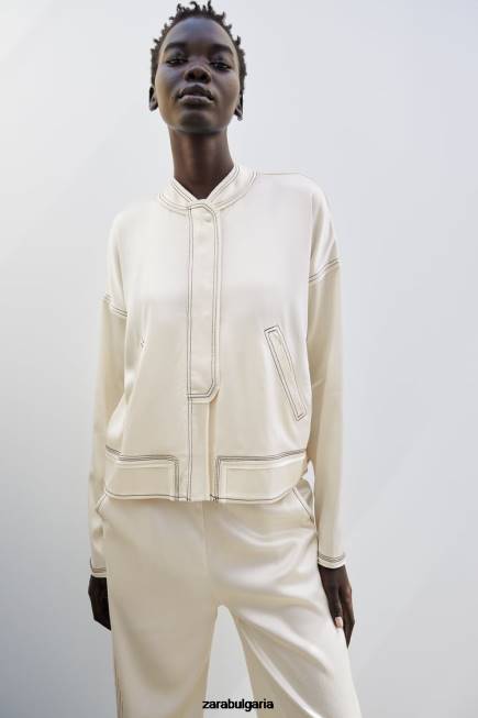 Zara облекло 66FT112 Жени бомбър със сатенен ефект средно екрю