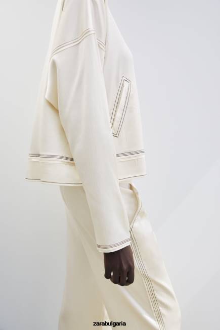 Zara облекло 66FT112 Жени бомбър със сатенен ефект средно екрю