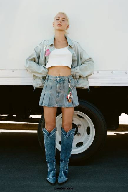 Zara облекло 66FT114 Жени trf дънково яке с талия в стил панталон светло синьо