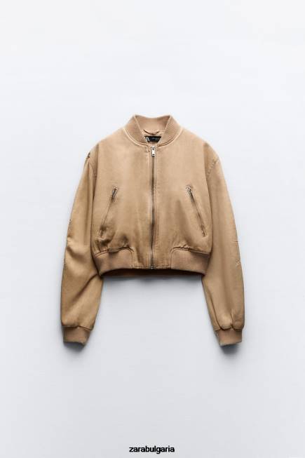 Zara облекло 66FT12 Жени бомбър яке с изпран ефект тъмнокафяво