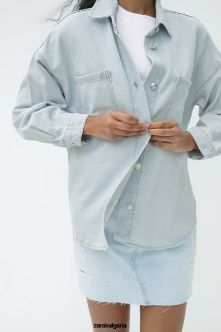 Zara облекло 66FT121 Жени дънкова горна риза с джоб z1975 светло синьо