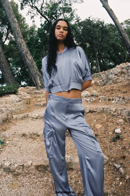 Zara облекло 66FT122 Жени бомбър със сатенен ефект син