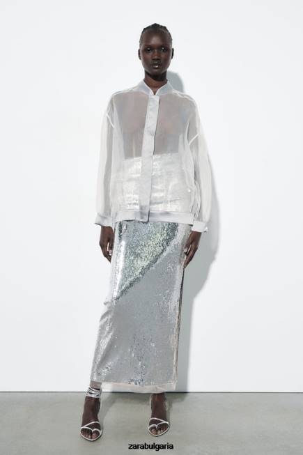 Zara облекло 66FT125 Жени органза бомбър със сатенен ефект средно екрю